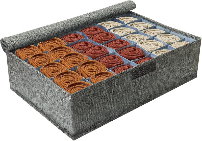 PINGMIC Gray Sock Organizer Divider 1 Pack with Lid - 30 Cell Foldable Closet Storage, Tie Organizer For Men Boxes for Socks, Ties, Belts - Image 1